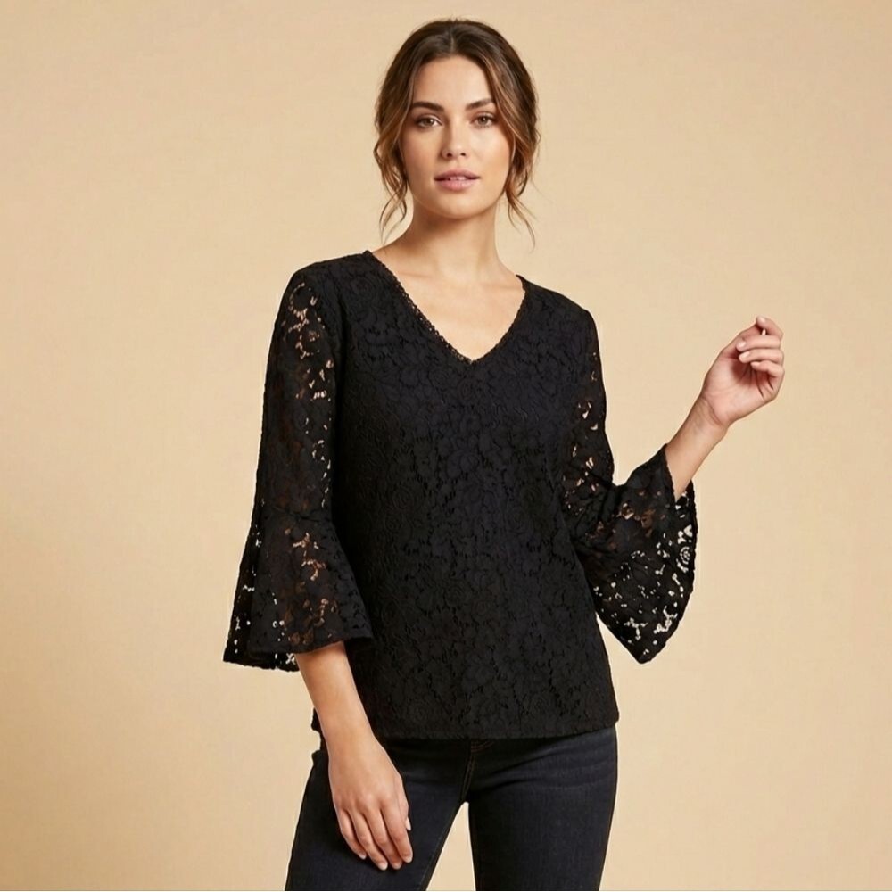 LOFT | Black Floral Lace Bell Sleeve Blouse Victorian Whimsigoth Romantic XS